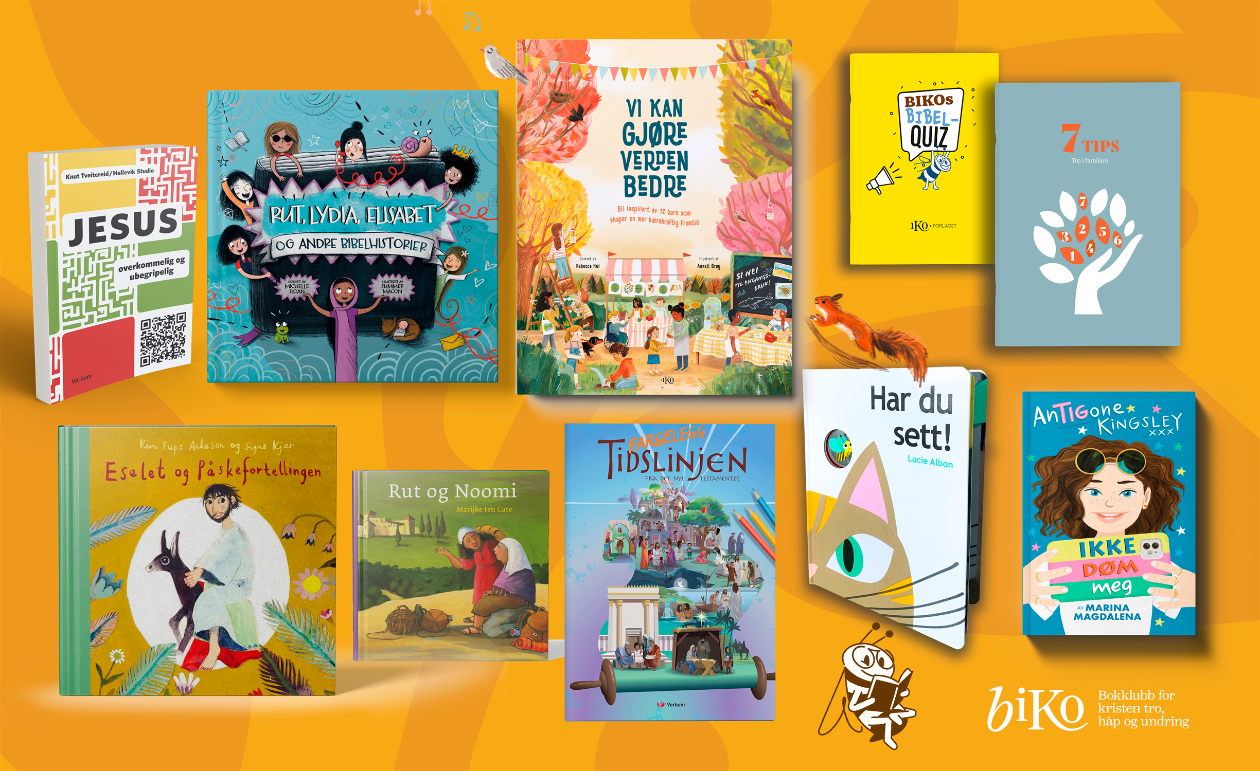 Dette er noe av innholdet  i pakkene som kommer før påske 2026 (banner med innholdet i pakkene fra Biko - Bokklubb for kristen tro, håp og undring)