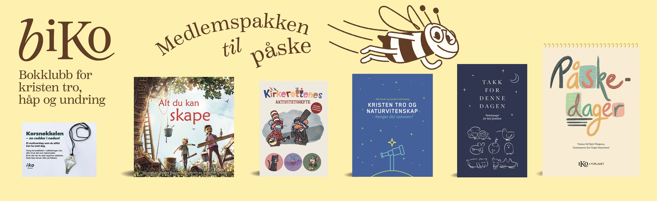 Dette kommer i pakkene før påske (banner om innholdet i pakkene fra Biko - Bokklubb for kristen tro, håp og undring)